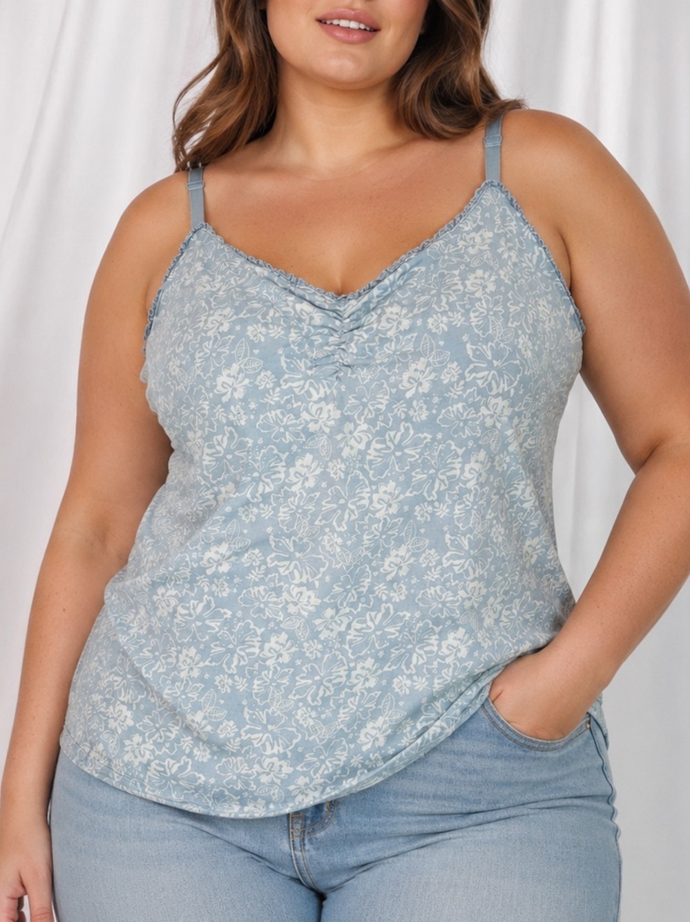 Faded Glory Women’s Plus Floral Shelf Bra Cami Tank Top Blue White (1382)